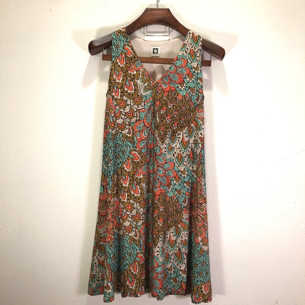 Anne Klein Womens V-Neck Sleeveless Dress Peacock Feather Print Multi Size 4